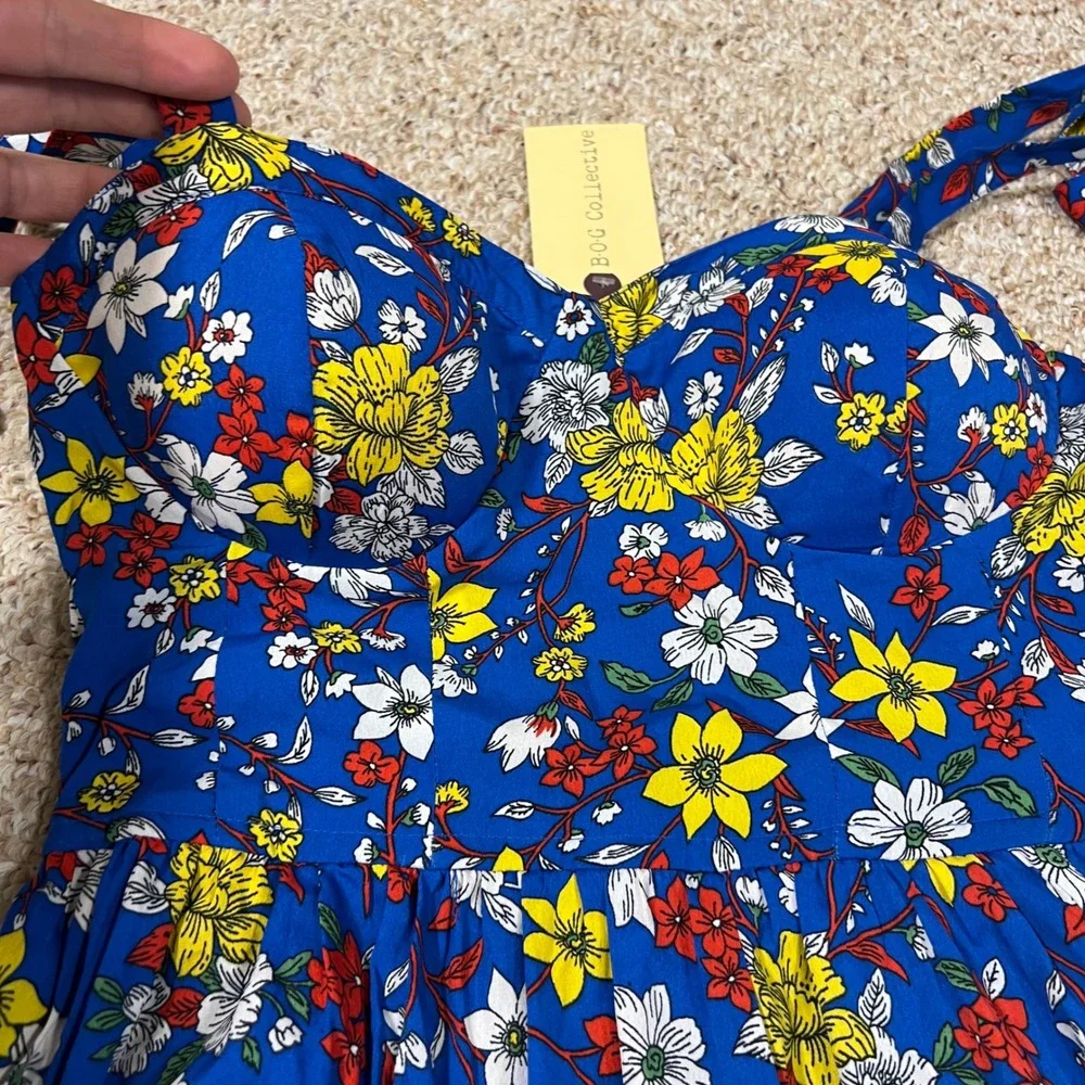 NWT B.O.G. Collective Blue Floral Bustier Mini Dress Tie Strap Smocked Back S